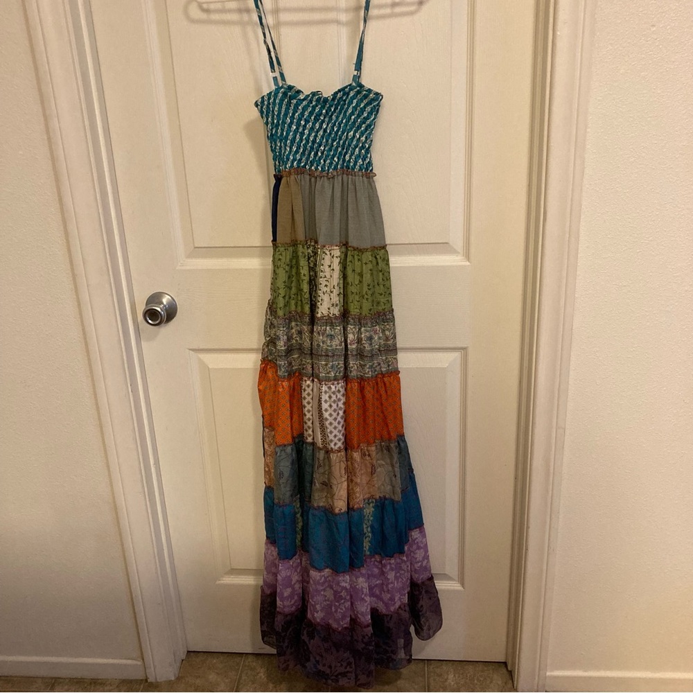 Sans Souci 100% Silk Multitexture Ruffle Boho Patchwork Maxi Dress Size M - Picture 8 of 14